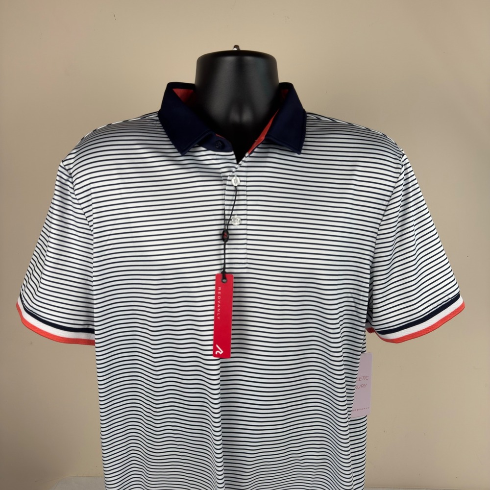 Redvanly Mens Poirier Golf Polo Shirt Striped Navy Blue Coral Size Large New